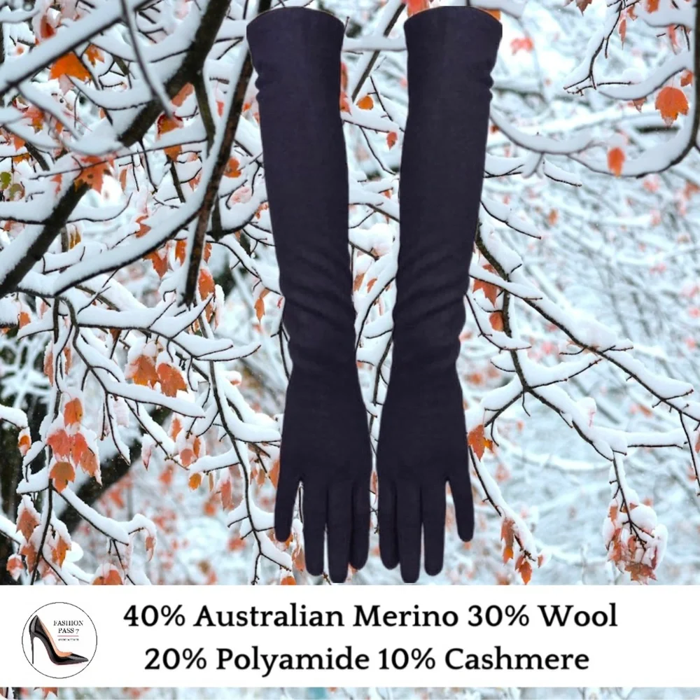Black Long Cashmere Merino Wool Gloves Luxury Elbow Length Cashmere Gloves Gift
